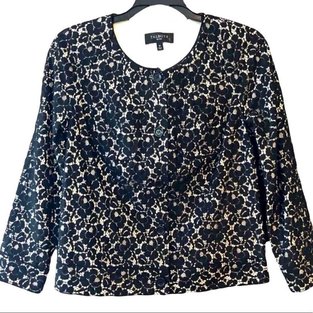 Talbots Sz 6P Black All Over Lace Cropped Button Up Luxury Evening Jacket